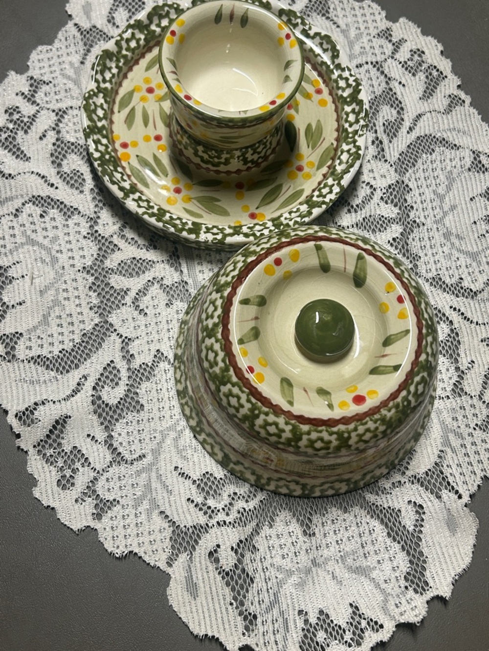 Hand-Painted Ceramic Egg Cup Set in Green and Yellow